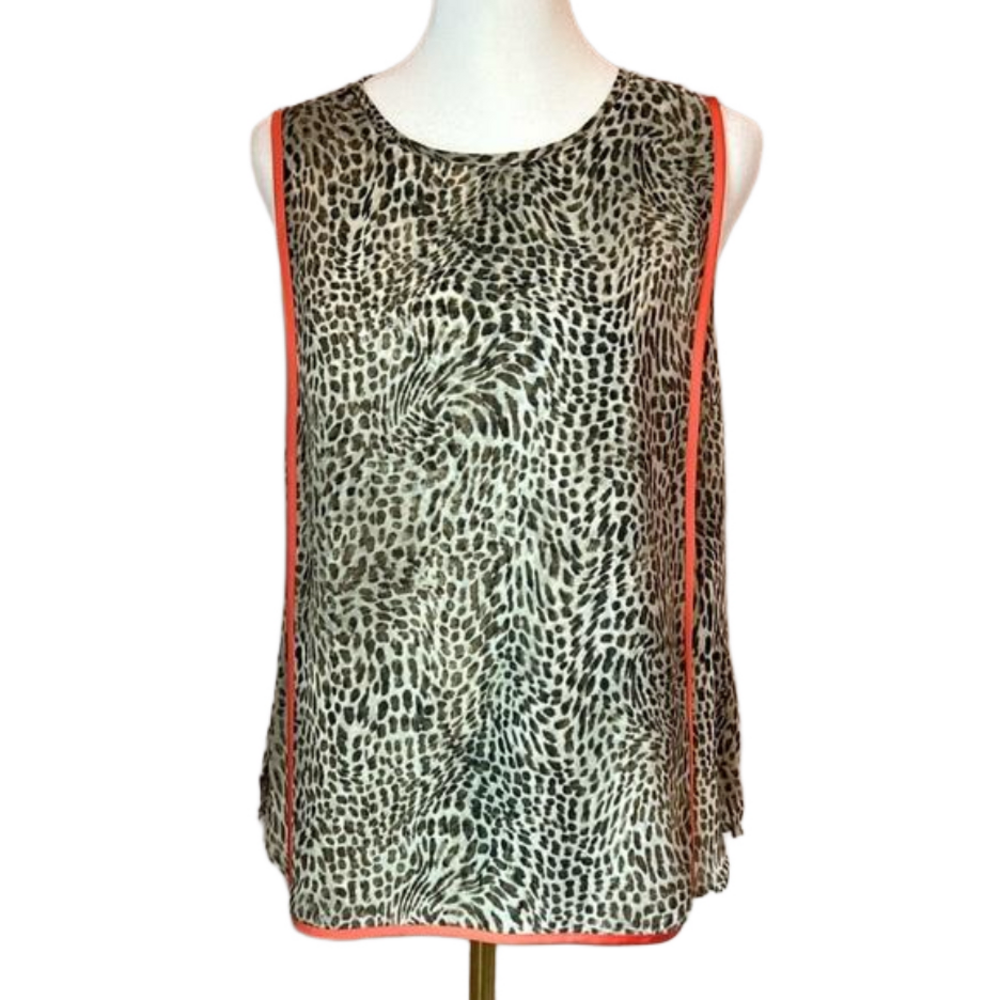 Vince Camuto Animal Print Orange Piping Double Layer Sheer Sleeveless Top PS
